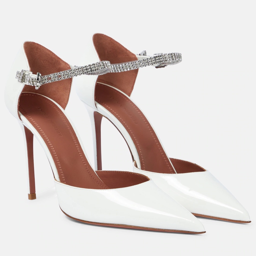 Amina Muaddi Urania Embellished White Leather Pumps
